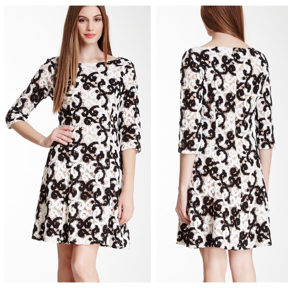 NEW Catherine Malandrino White Black Fleur Fit Crochet‎ Dress Womens Size 4